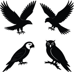 Obraz premium Set of flying and perched bird silhouettes including owl, eagle, parrot Vector,Generative Ai