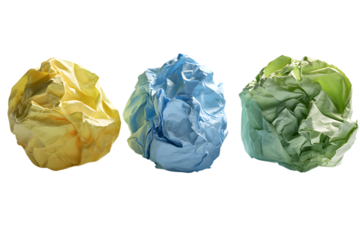 Three crumpled paper balls in yellow, blue, and green colors are isolated on transparent background