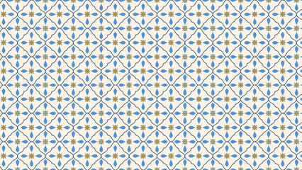 Repeating floral pattern with blue and gold flowers on a white background with black curved lines