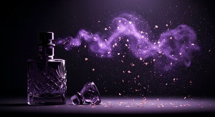 An elegant, photorealistic image of a vintage perfume bottle releasing a swirling, luminous purple mist and sparkling floral particles.