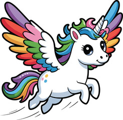 Adorable white unicorn with rainbow wings flying vector illustration,Generative Ai