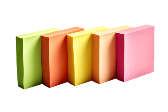Five colorful stacks of sticky notes arranged in a row, isolated on transparent background