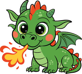 Baby Green Dragon Breathing Fire Vector Illustration,Generative Ai
