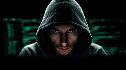 Hooded man mysterious hacker dark intense computer cyber security technology digital hooded man with intense expression sits dark room surrounded by computer screens evoking mysterious and cyber