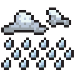 Gray rain cloud in pixel style on white background.