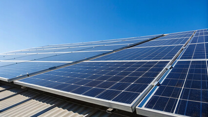 Obraz premium Sustainable & Green Businses Practices. Solar panels on a roof under a clear blue sky.