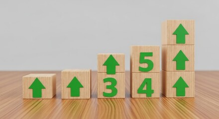 Growth chart wooden blocks with arrows and numbers for business success concept