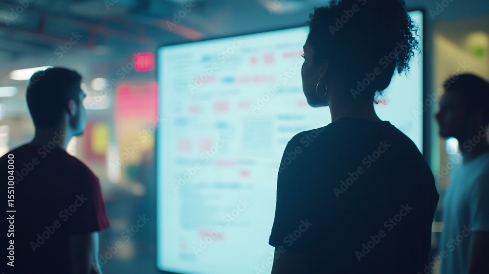 Aufkleber diverse team analyzing data on large screen in a modern workspace
