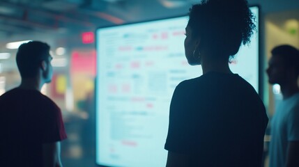 Diverse team analyzing data on large screen in a modern workspace