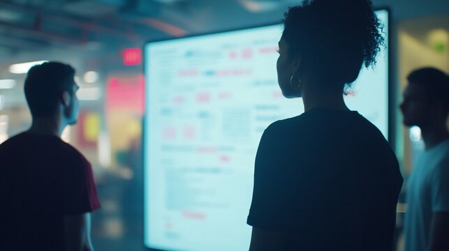 Diverse team analyzing data on large screen in a modern workspace - Powered by Adobe