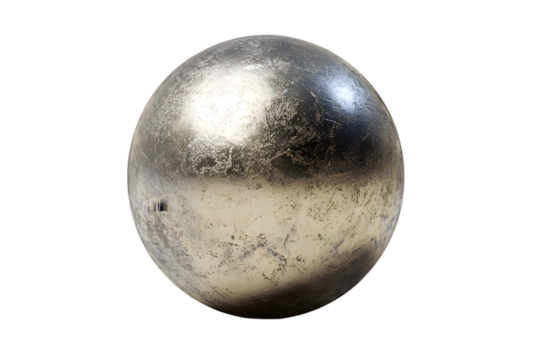 A closeup shot of a weathered metallic sphere isolated on transparent background