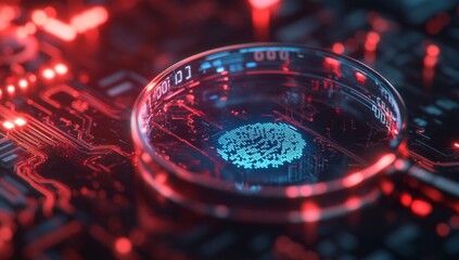 A digital magnifying glass hovers over an electronic circuit, with the binary code of "0" and "1" beside it. A blue fingerprint is displayed within a glowing circle