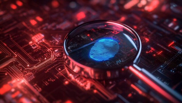 A digital magnifying glass hovers over an electronic circuit, with the binary code of "0" and "1" beside it