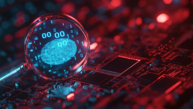 A digital magnifying glass hovers over an electronic circuit, with the binary code of "0" and "1" beside it. A blue fingerprint is displayed within a glowing circle
