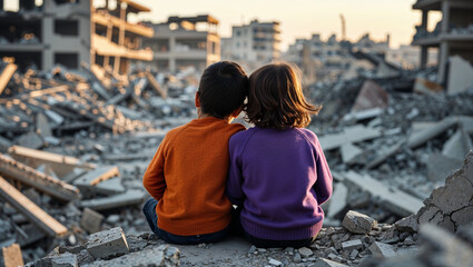 Two children sitting close together amid the ruins of a destroyed city, one with an arm around the other, facing away from the camera
