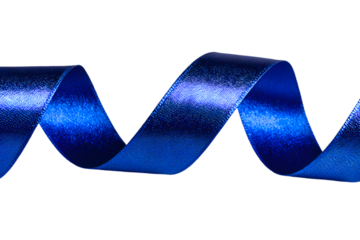 A vibrant blue satin ribbon elegantly curled on a transparent background