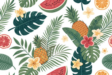 Summer Tropical Seamless Patterns – Vibrant Repeat Backgrounds with Palm Leaves, Exotic Flowers, and Beach Elements – Perfect for Fabric Prints, Stationery, Packaging, and Digital Design

