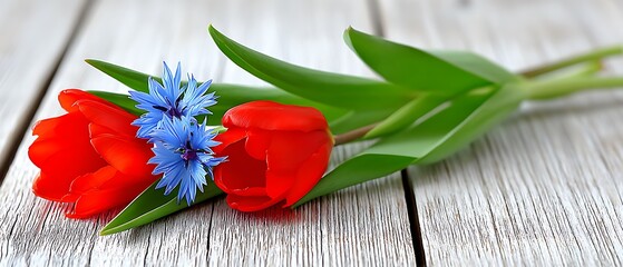 Bouquet of red tulips and blue flowers on light wooden surface