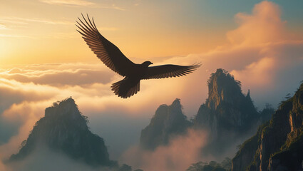 Eagle flying over mountains landscape nature scenic sky clouds freedom wildlife adventure travel photography