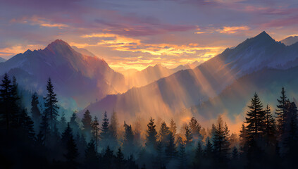 Obraz premium Sunlight streaming over mountain peaks and forest landscape at dawn, creating a serene natural backdrop for travel, adventure, and environmental themes.