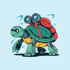 Obraz premium Explorer turtle with backpack cartoon vector illustration,Generative Ai