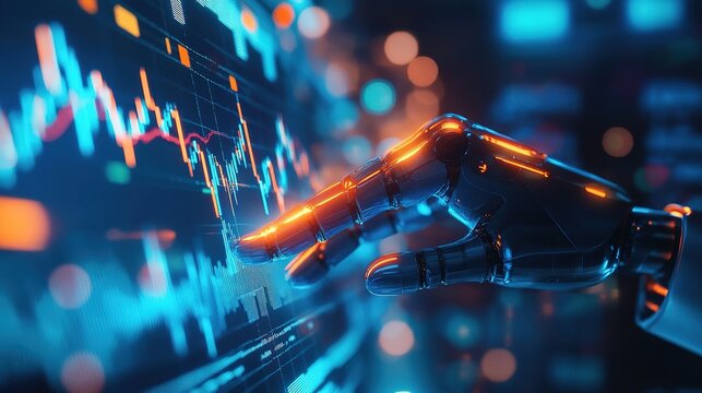 A robotic hand interacts with a digital financial chart displaying fluctuating data on a futuristic screen.