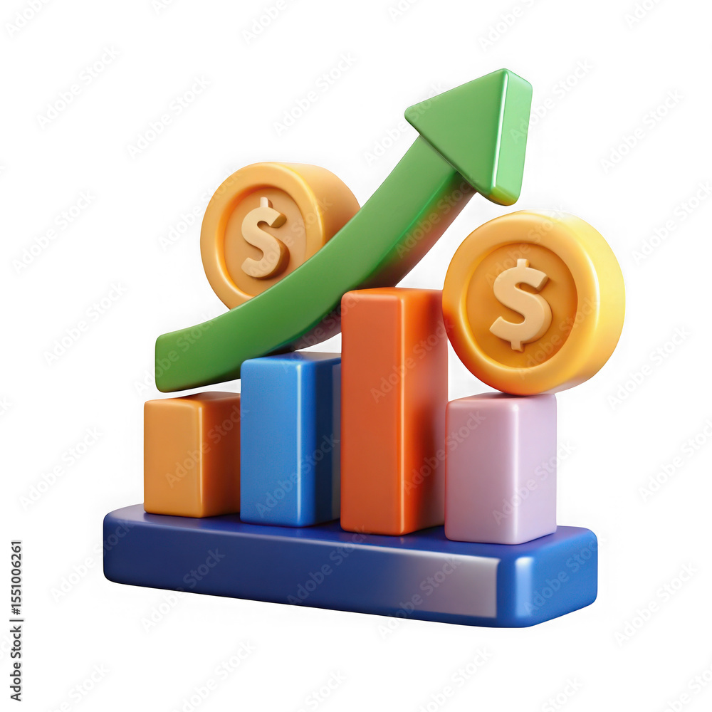 Poster 3d render of colorful bar graph showing financial growth isolated on transparent background