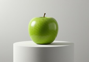 Fresh green apple on a white pedestal against a minimalistic background