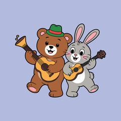 Fototapeta premium Cute bear and bunny playing guitars cartoon vector illustration,Generative Ai