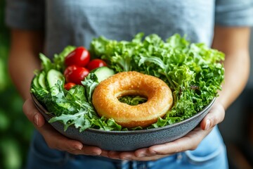 Woman on a diet for good health, choosing salad vegetables over a donut for a healthier lifestyle., Generative AI