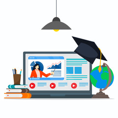 A teacher explaining business growth lessons on video learning in laptop screen with big icon of graduation cap, globe, tools of study and books. Online education concept.