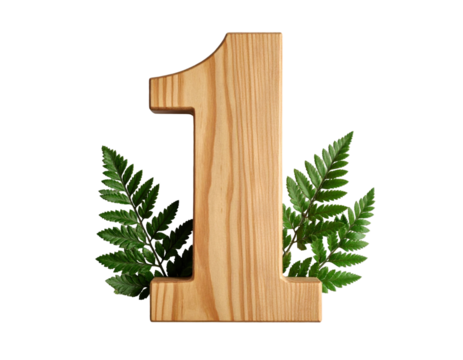 Wooden Number One Decorated with Greenery Representing Nature and Rustic Design Isolated on White Background