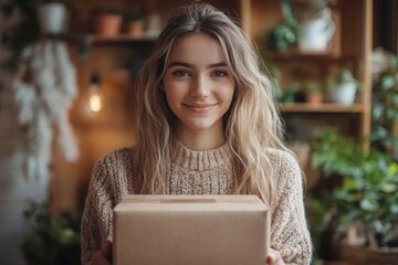 Happy woman receiving a goods package from an online store, symbolizing the convenience of e-commerce., Generative AI