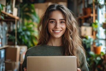 Happy woman receiving a goods package from an online store, symbolizing the convenience of e-commerce., Generative AI