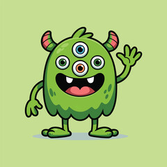 Fototapeta premium Cute green monster with three eyes cartoon vector illustration,Generative Ai
