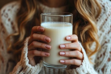 Lactose intolerance concept, woman holding a glass of milk and experiencing  discomfort., Generative AI