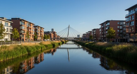 Fototapeta premium A striking view of a newly developed waterfront area, where architectural design blends seamlessly with natural elements, creating an inviting residential setting.