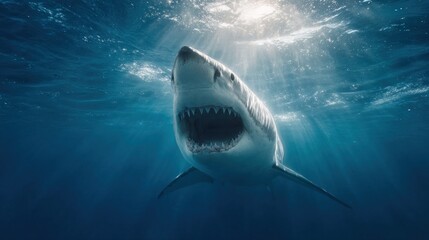 Obraz premium Dramatic Close-Up of Great White Shark Swimming Toward Sunlit Ocean Surface