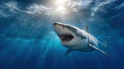 Naklejka premium Dramatic Close-Up of Great White Shark Swimming Toward Sunlit Ocean Surface