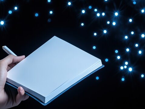 Hand holding blank notebook, sparkling background