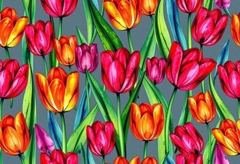 Obraz premium Abstract colorful hand-drawn tulip pattern, seamless vector background illustration, line art, doodle