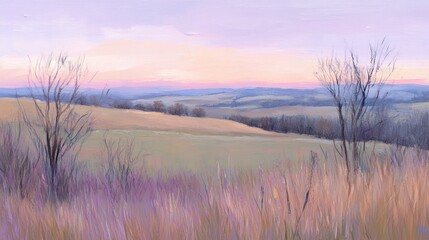 Pastel panoramic view of a vast, rolling, golden hills landscape at dawn or dusk, with bare trees and purple wildflowers, soft light and colors.