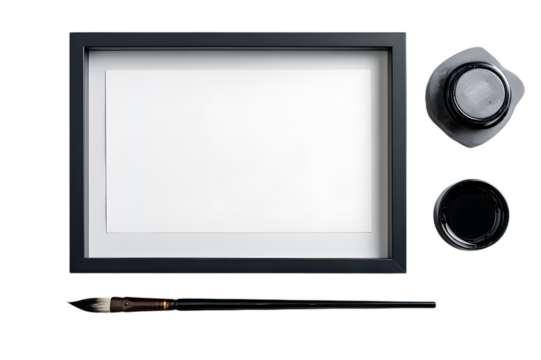 Black frame with blank white paper, paint, and brush, isolated on transparent background - Powered by Adobe