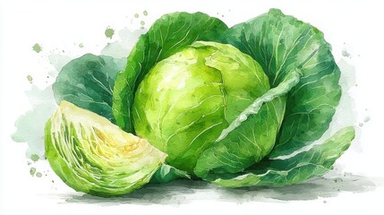 A watercolor painting of a fresh green cabbage with one cut wedge, showcasing detailed leaves and natural texture on a white background.