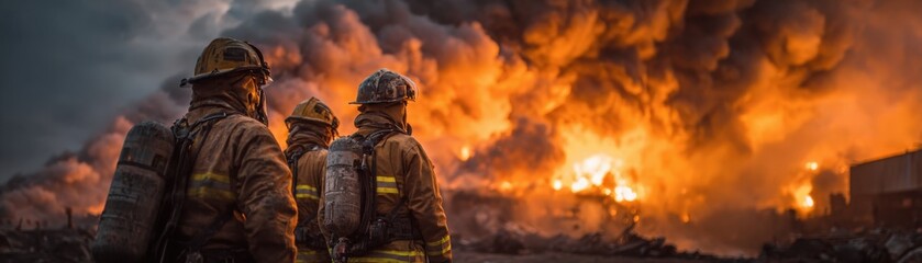 Firefighters in full gear face a massive industrial blaze with thick smoke and intense flames in the background.