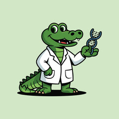 Cartoon Crocodile Scientist Holding DNA Strand and Test Tube Vector Illustration,Generative Ai