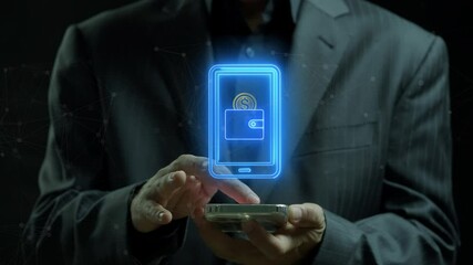 Fintech Dashboard concept, modern financial dashboard with crypto charts, banking UI, stock analytics, and mobile investment tools. Businessman shows digital wallet icon on virtual screen. - Powered by Adobe