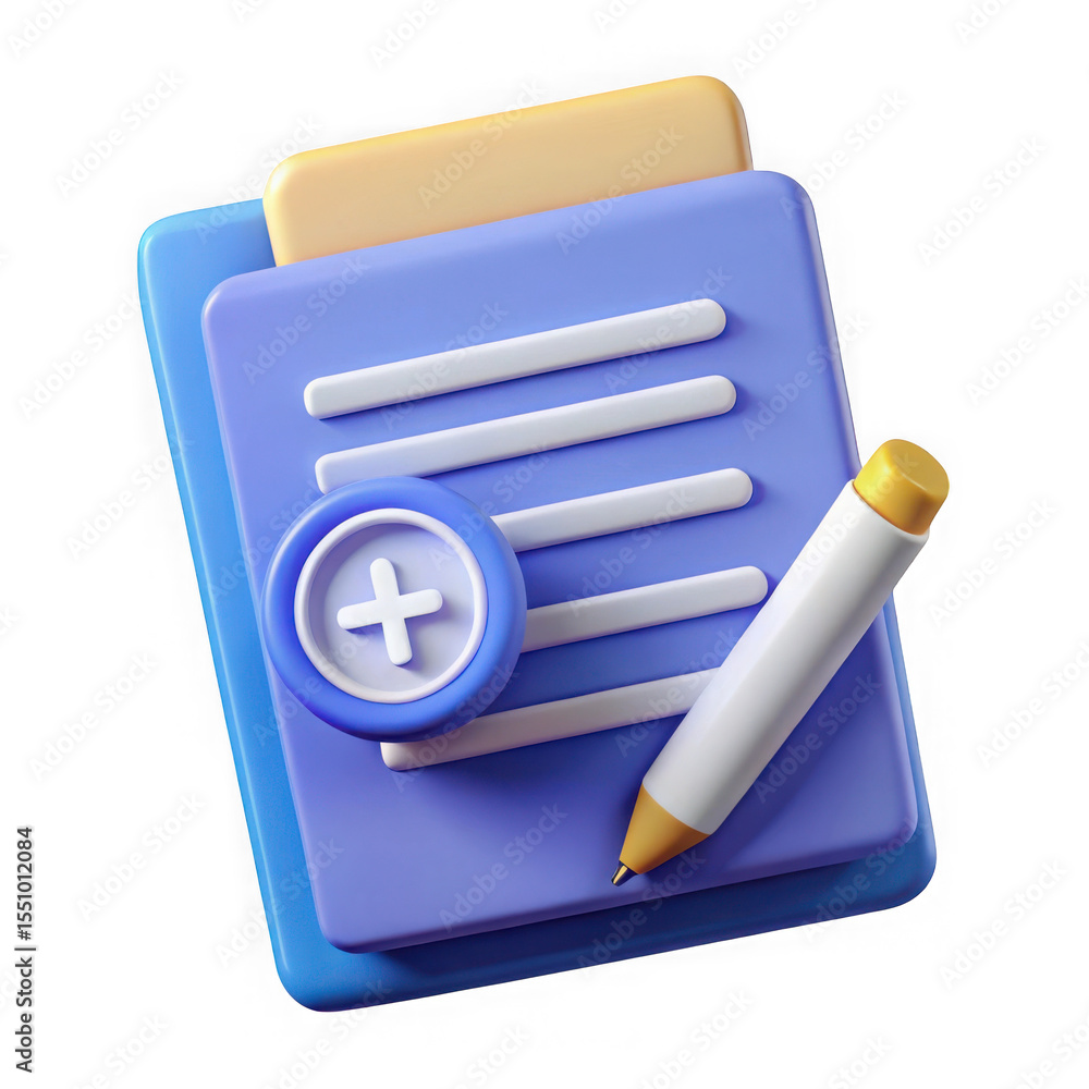 Aufkleber 3d render of notepad with plus icon and pencil isolated on transparent background