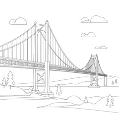 A black and white bridge illustration line art of a coloring page
