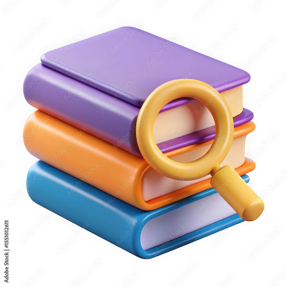Poster stack of colorful books with magnifying glass isolated on transparent background